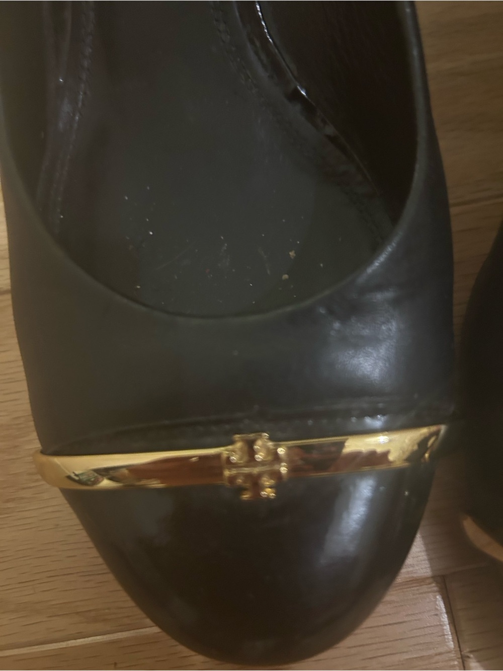 Tory Burch Black Leather Heel with Gold Logo Accent